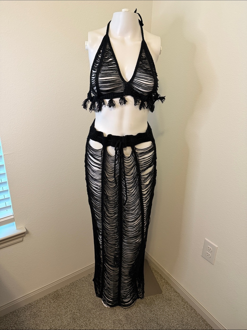 Black Crochet Two-Piece Halter Bikini Cover-Up Set